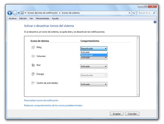 Desactivar reloj de Windows 7