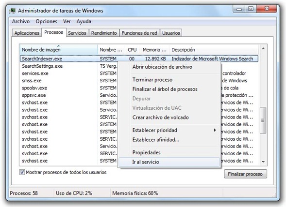 SearchIndexer.exe en el administrador de tareas