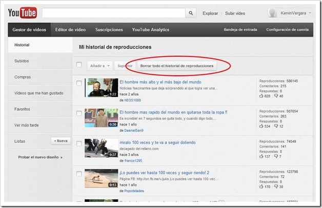 Borrar historial de YouTube