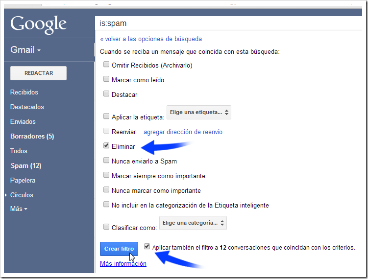 Configurar filtro en Gmail