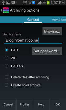 Opciones de compresión - RAR for Android