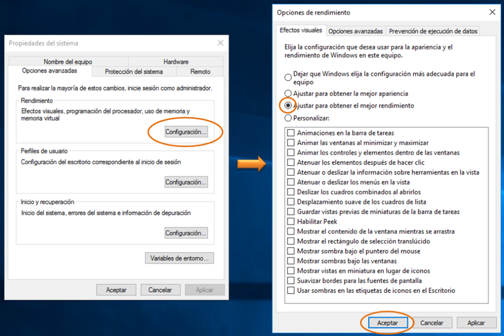 Deshabilitar efectos visuales en Windows 10